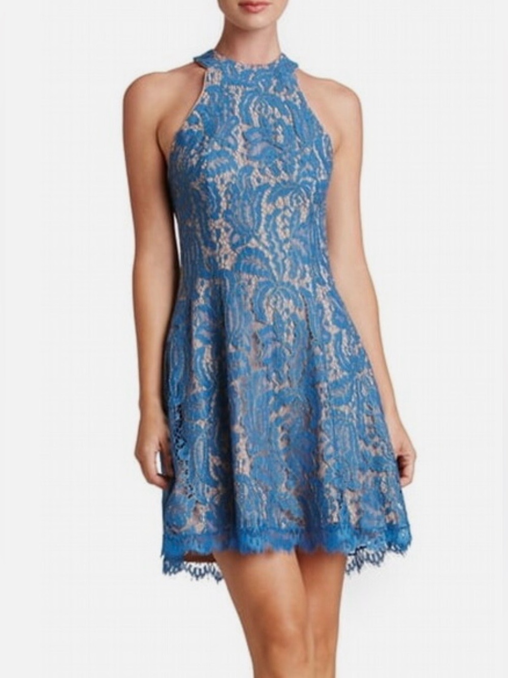 Dress the Population Blue Lace Halter Dress with Nude Lining
